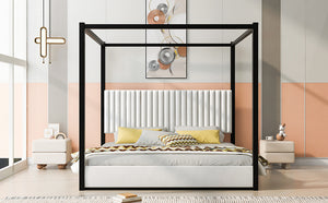 English Elm King Velvet Upholstered Four Poster Canopy Bed White Modern Bedroom Frame N7090002405B