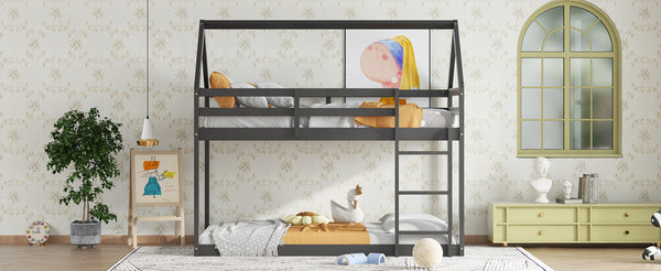 English Elm Twin Rubber Wood Floor Bunk Bed House-Shaped Design with Ladder Guardrails Sturdy Low-Profile Retreat Black W504P206865