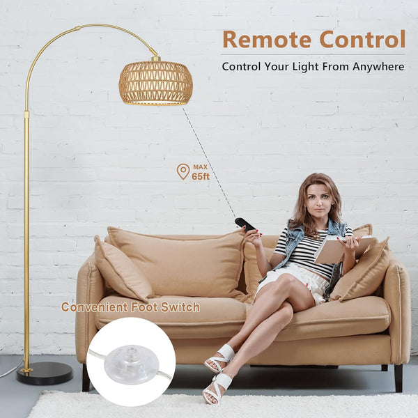 English Elm Gold Boho Floor Lamp with Remote Dimmable LED, Dual Rattan & Fabric Shades, Adjustable Arc Light Brown+Black W2738P185418