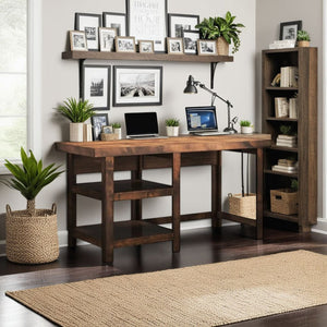 English Elm 60 Knotty Alder Workstation Desk in Whiskey Finish — Fully Assembled, Rustic Urban Style with Open Shelves for Home Office B108P160193
