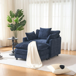 English Elm 39.4" Chenille Club Chair with Ottoman Solid Wood Frame Contemporary Living Room Seat Blue W3244P427715