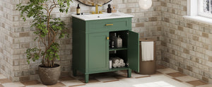 English Elm 30-inch bathroom vanity with ceramic basin, solid wood frame, soft-close doors and adjustable shelves for organized style and lasting durability Green N729P173380F