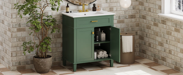 English Elm 30-inch bathroom vanity with ceramic basin, solid wood frame, soft-close doors and adjustable shelves for organized style and lasting durability Green N729P173380F