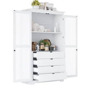 English Elm Topmax Solid Pine Pantry Cabinet with Glass Doors Four Drawers Farmhouse Storage White SP000086AAK