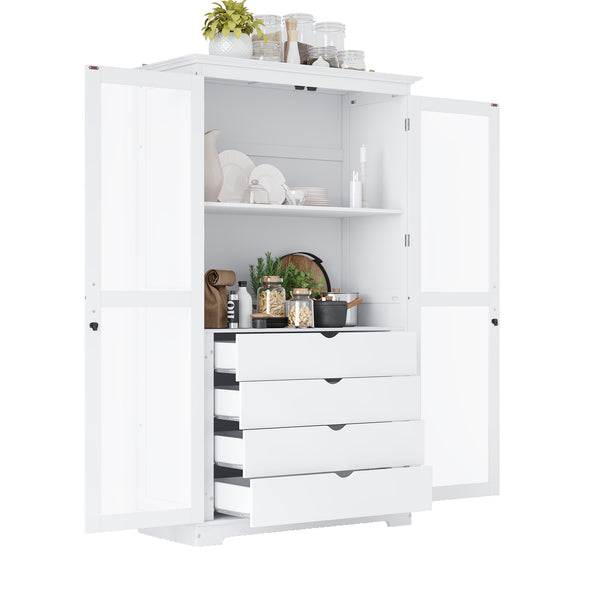 English Elm Topmax Solid Pine Pantry Cabinet with Glass Doors Four Drawers Farmhouse Storage White SP000086AAK