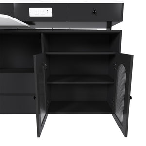 English Elm Kitchen Island Marble Veneer Retro Style Rotating Expandable Top Built-in Outlets Mdf Black W2700S00119