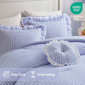 English Elm 4-piece Gingham Ruffle Comforter Set Romantic Cottage Bedroom Brushed Polyester Fill Blue B035P463186