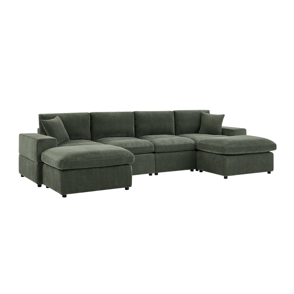 English Elm Corduroy Modular Sectional Sofa with Dual Ottomans for Flexible Living Room Seating Dark Green B2748S00023