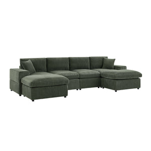 English Elm Corduroy Modular Sectional Sofa with Dual Ottomans for Flexible Living Room Seating Dark Green B2748S00023