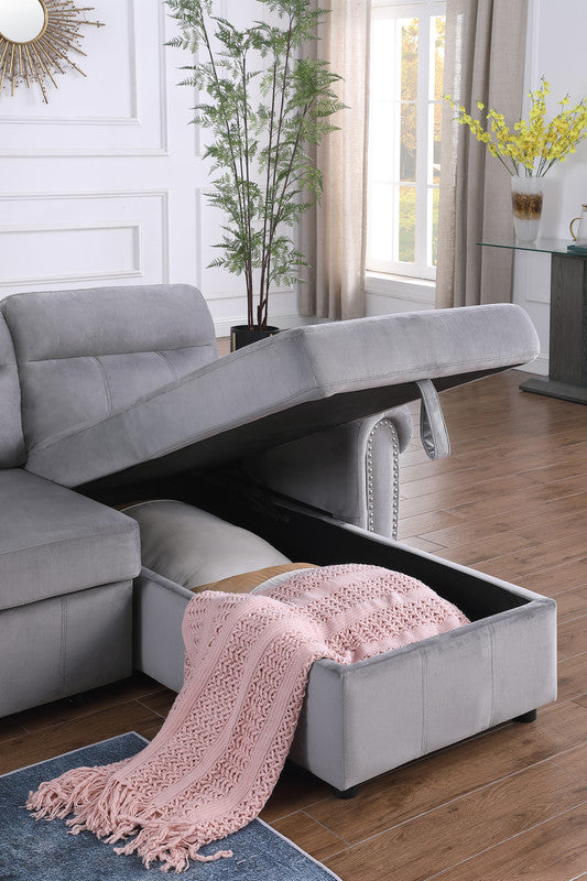 English Elm Augusto Velvet Sleeper Sectional with Storage Chaise and Nailhead Trim Detail B2749S00059