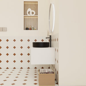 English Elm 30" Floating Wall Mount Bathroom Vanity Open Shelf Ceramic Vessel Sink Modern White Black,White + Light Oak W3450S00057