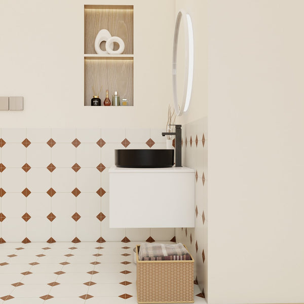 English Elm 30" Floating Wall Mount Bathroom Vanity Open Shelf Ceramic Vessel Sink Modern White Black,White + Light Oak W3450S00057