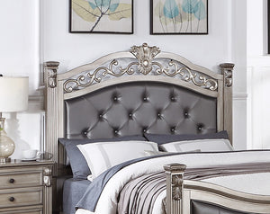 English Elm Formal California King Bedframe - Antique Silver Tufted Faux Leather Headboard & Footboard Elegance B011S00951