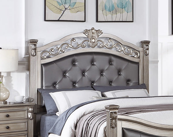 English Elm Formal California King Bedframe - Antique Silver Tufted Faux Leather Headboard & Footboard Elegance B011S00951