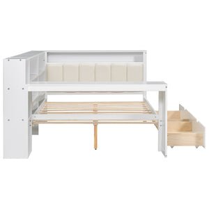 English Elm Wood Full Platform Bed with Led Headboard Built-in Desk Charging Station and Storage Shelves Beige+White N7090001047K-1