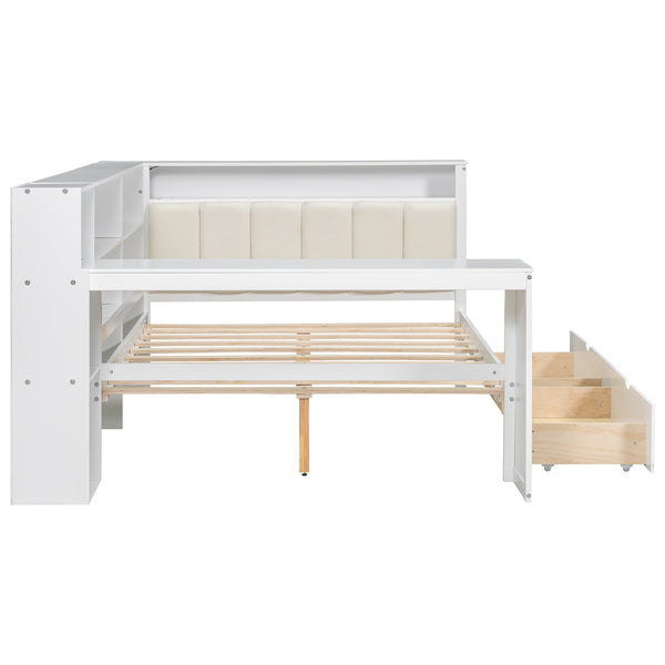 English Elm Wood Full Platform Bed with Led Headboard Built-in Desk Charging Station and Storage Shelves Beige+White N7090001047K-1