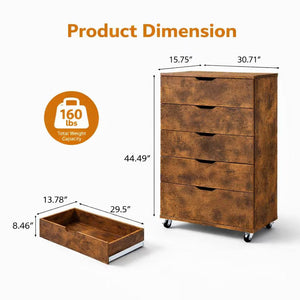 English Elm 5 Drawer Rolling Chest Distressed Finish Mobile Bedroom Storage Cabinet on Caster Wheels Rustic Brown B372P444032