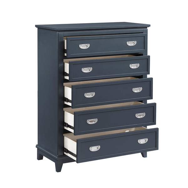 English Elm Navy Solid Wood Five Drawer Vertical Chest Polished Hardware Modern Bedroom Storage B011P462896