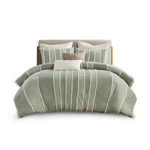English Elm King/Cal King Boho Striped Cotton Duvet Cover Set with Green Jacquard Trim, OEKO-TEX, Machine Washable B035P217806