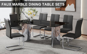 English Elm Table With Glass Top & 6 Black Pu Chairs - Modern Marble Design, Stainless Steel Legs, Easy Clean W1151S02608-GIGA