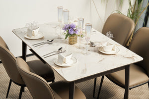 English Elm The Rock Plate Extendable Dining Table Seats 8 with Sculptural Metal Base W1911P389401