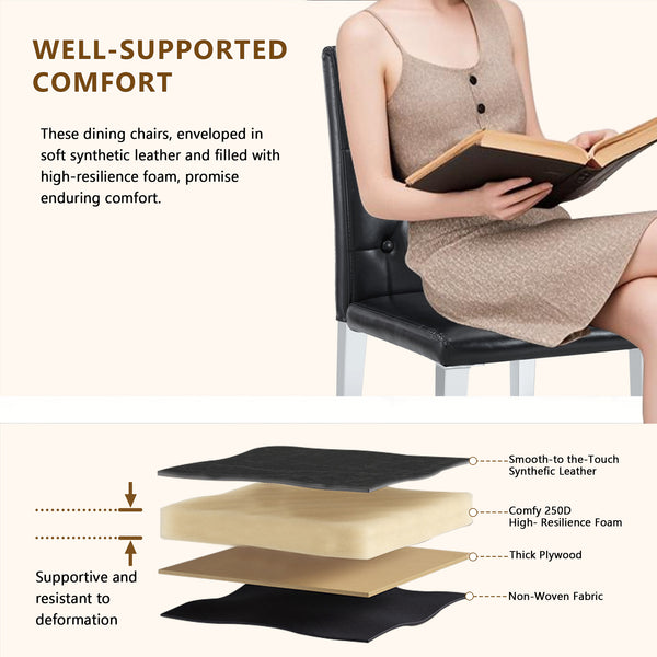 English Elm 4-pack PU dining chairs with ergonomic buckle backrest, gold metal legs, high-density sponge comfort Black+Silver W1151P295708