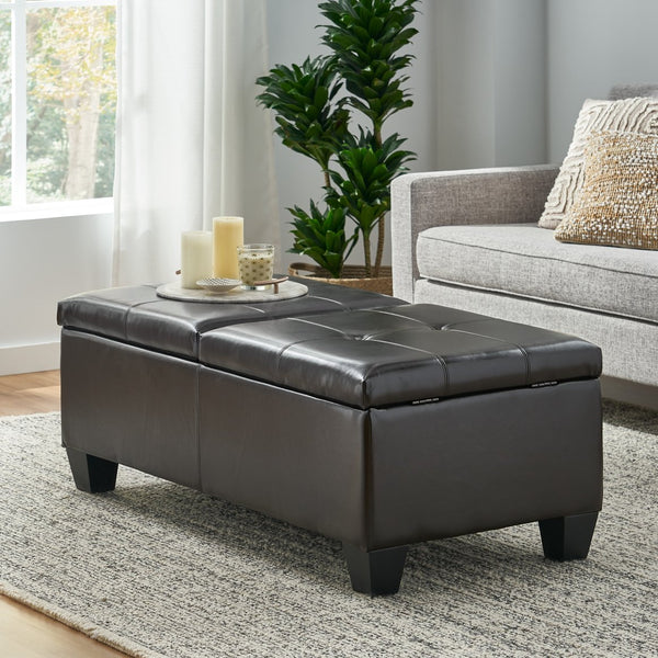 English Elm Upholstered Bonded Leather Storage Ottoman with Dual Access Tufted Top for Living Rooms N757P415615R