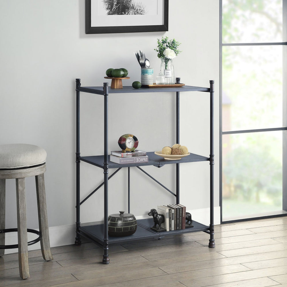 English Elm Sandy Industrial 3-Tier Console Table, Foldable Water-Pipe Shelves in Sandy Black Dark Bronze Finish — Durable Metal Storage & Rustic Display Piece for Home Entryway or Living Room B062P186469