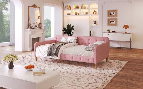English Elm Twin Upholstered Daybed with Pine Frame and Linen Fabric, Button-Tufted High Sideboard, 79" L Pink N709P266225H