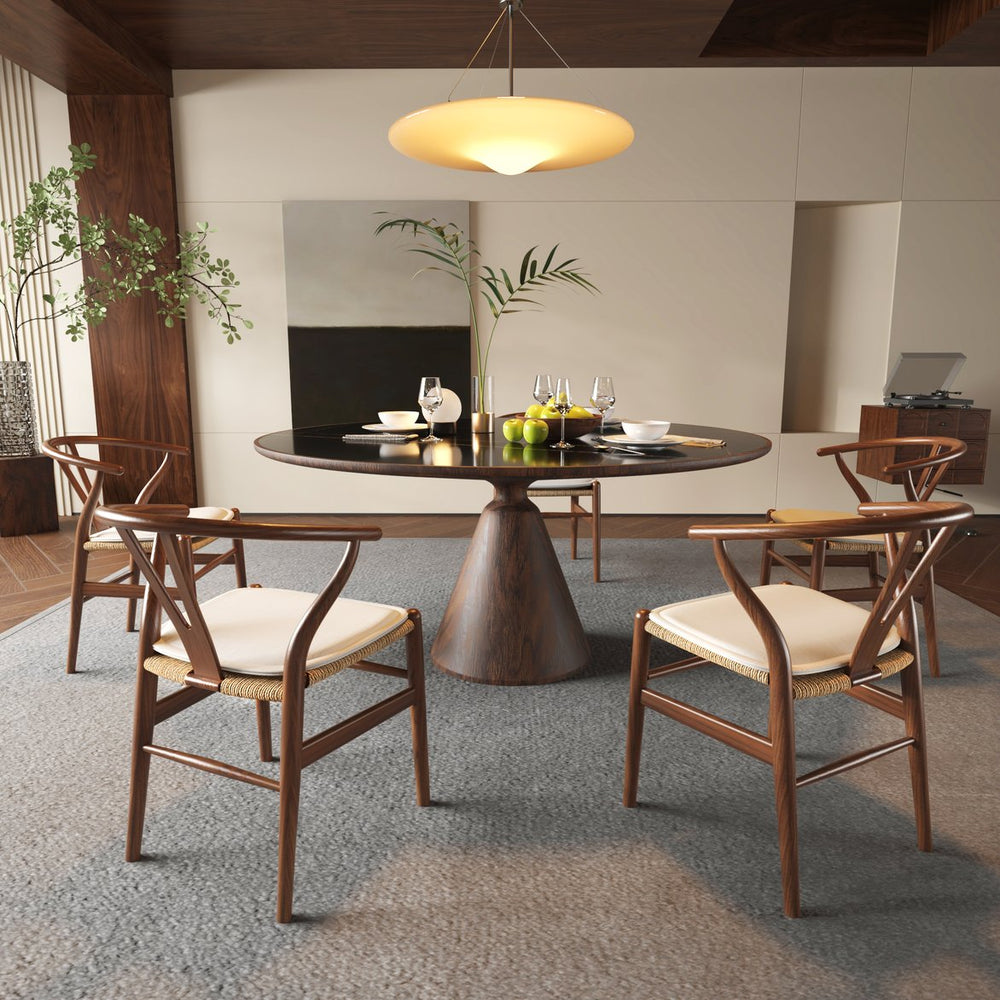 English Elm Wishbone Ergonomic Dining Chair in Beech Wood with Curved Armrest, Weave Seat & Removable Cushion Walnut W2812P194708