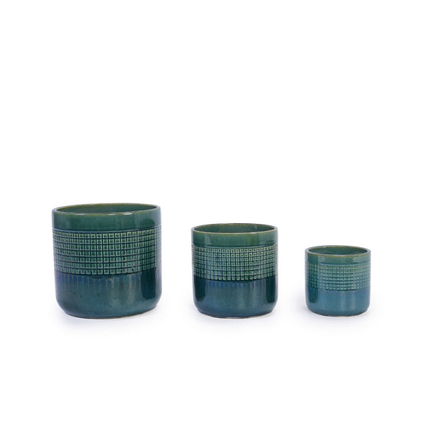 English Elm Set Of 3 Handcrafted Grid Ceramic Planters - Modern Blue-Green Flowerpots For Home & Garden Decor W3273P322259-GIGA