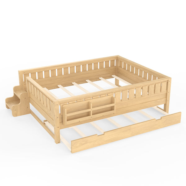 English Elm Queen Bunk Bed with Trundle Solid Pine Kids Car Themed Frame Built-in Bookshelf Light Natural W1580S00563