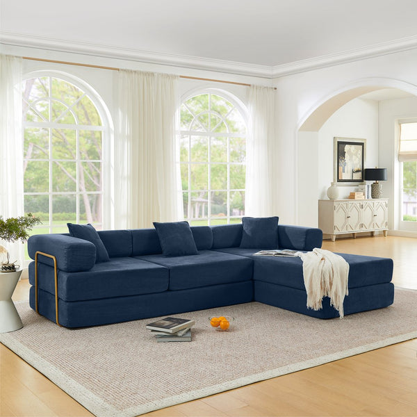 English Elm 108'' Modular Cloud Sectional Corduroy Couch with Fold Flat Backrest for Living Rooms Blue W1117S00296