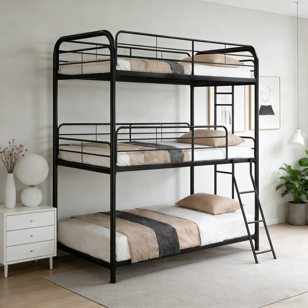 English Elm Furniture Steel Triple Bunk Bed with Staircase Three Twin Tiers for Kids Rooms W311S00036