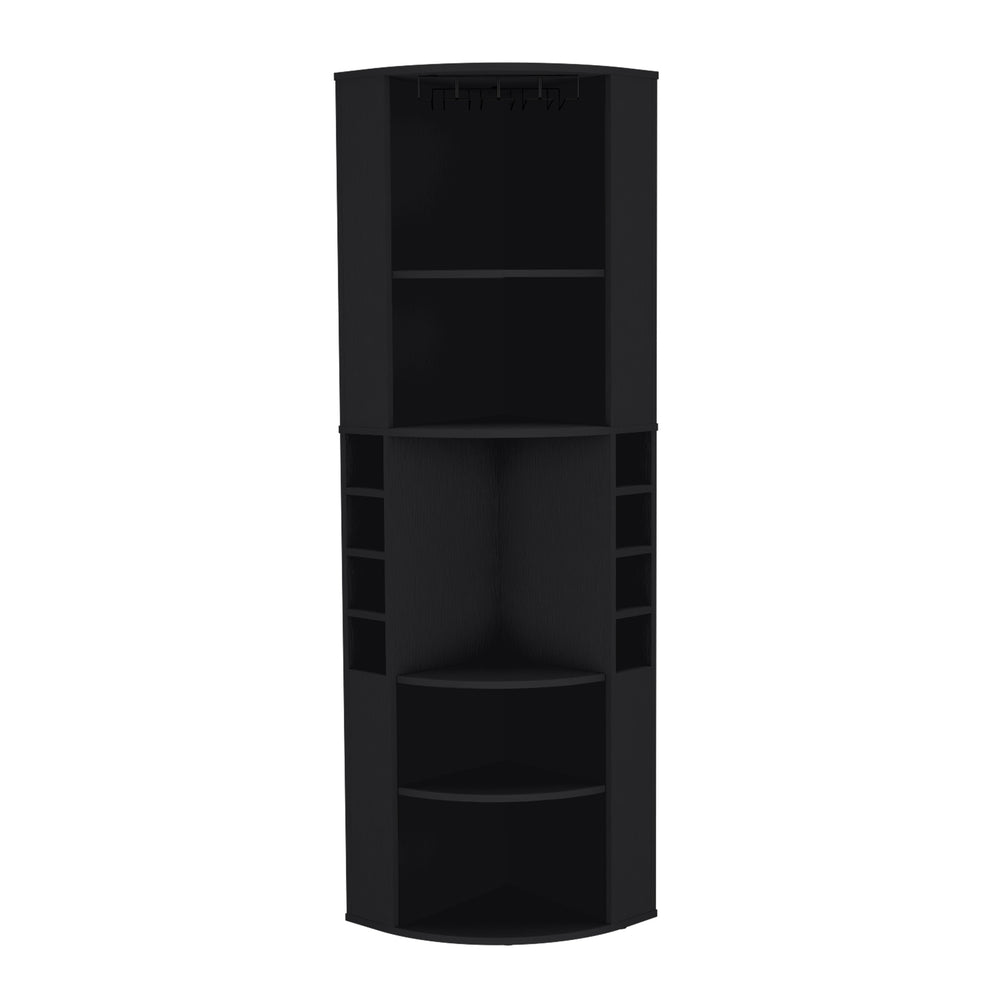 English Elm Oban Corner Bar Cabinet with Five Shelves, Eight Bottle Cubbies and Space-Saving Tall Storage Design Black 45 L x 23 W x 4 H B070S00253