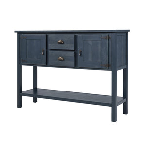 English Elm 46'' Solid Pine Retro Buffet Server with Iron Hardware Drawers Cabinets and Open Shelf Navy Blue W1202P457252
