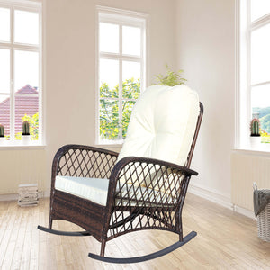 English Elm Outdoor Wicker Rocking Chair with Wide Seat, Thick Removable Cushion, Steel Frame, Weather-Resistant Rocker for Patio Garden Relaxation Brown+Beige W209P265086