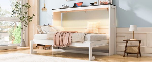 English Elm Twin Size Murphy Bed With Led Light – Stylish Space-Saving Wall Bed In White & Brown Cabinet Design N7090004013K-GIGA