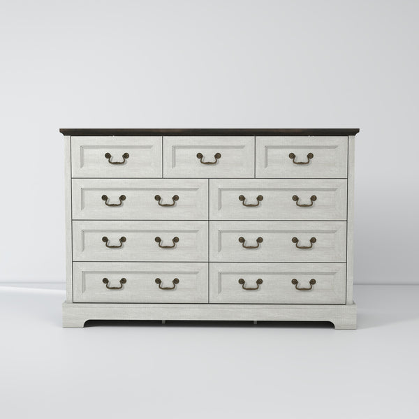 English Elm Farmhouse Nine Drawer Wide Dresser Mdf Build Brass Handles Grey Bedroom Storage B2770P493608