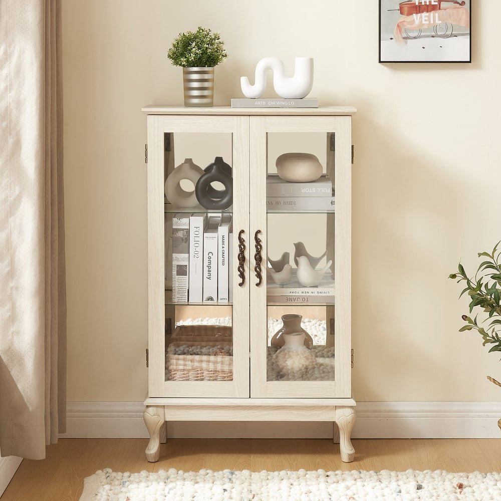 English Elm 2 Doors Curio Cabinet - Elegant Lighted Display With Glass, Mirrored Back, Adjustable Shelves & More! W2275P178894