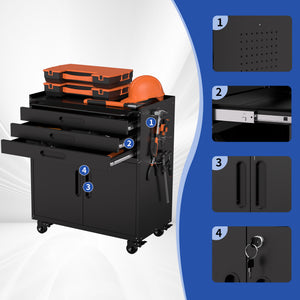 English Elm 34.3" Rolling Steel Tool Cabinet with 3 Drawers Lockable Doors and Pegboard Side Panels T2398P442672