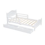 English Elm Twin Size Wood Platform Bed With Guardrails On Both Sides and Two Storage Drawers ,White