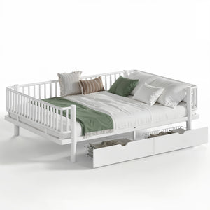 English Elm Queen Storage Platform Bed Low Profile Metal Frame with Built-in Drawers for Small Spaces Light White W5305P471354