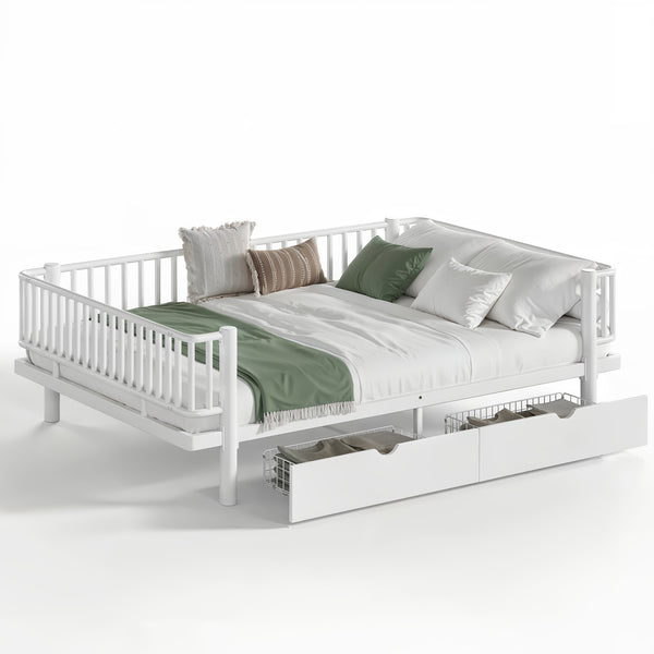 English Elm Queen Storage Platform Bed Low Profile Metal Frame with Built-in Drawers for Small Spaces Light White W5305P471354
