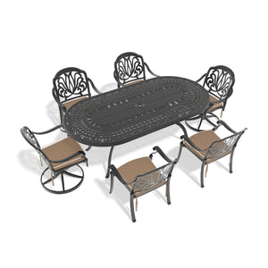 English Elm 7-Piece All-Weather Cast Aluminum Dining Set With Swivel Chairs & Cushions For Year-Round Enjoyment W1710S00391