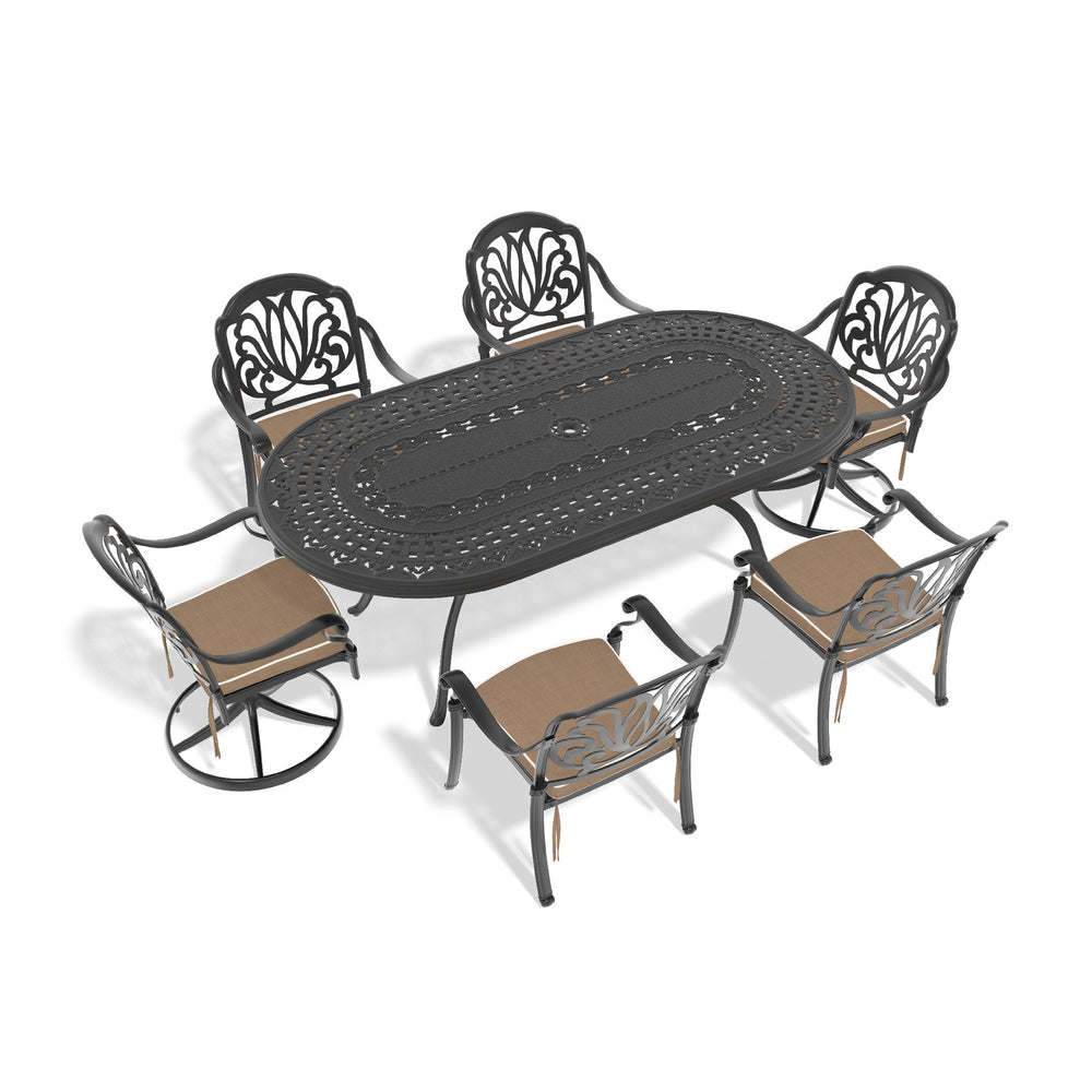 English Elm 7-piece Cast Aluminum Outdoor Dining Set Ornate Carved Patio Table with Swivel Chairs W1710S00598