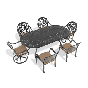 English Elm 7-piece Cast Aluminum Outdoor Dining Set Ornate Carved Patio Table with Swivel Chairs W1710S00598