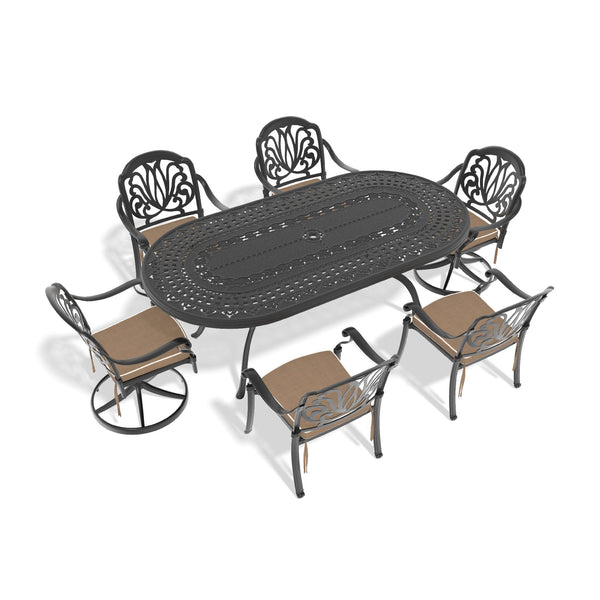 English Elm 7-piece Outdoor Cast Aluminum Oval Dining Set with Ornate Relief and Swivel Chairs W1710S00654