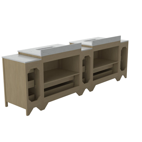 English Elm 108"w×22"d×34"h Freestanding Double Sink Vanity with White Countertop Soft Close T3785S00009