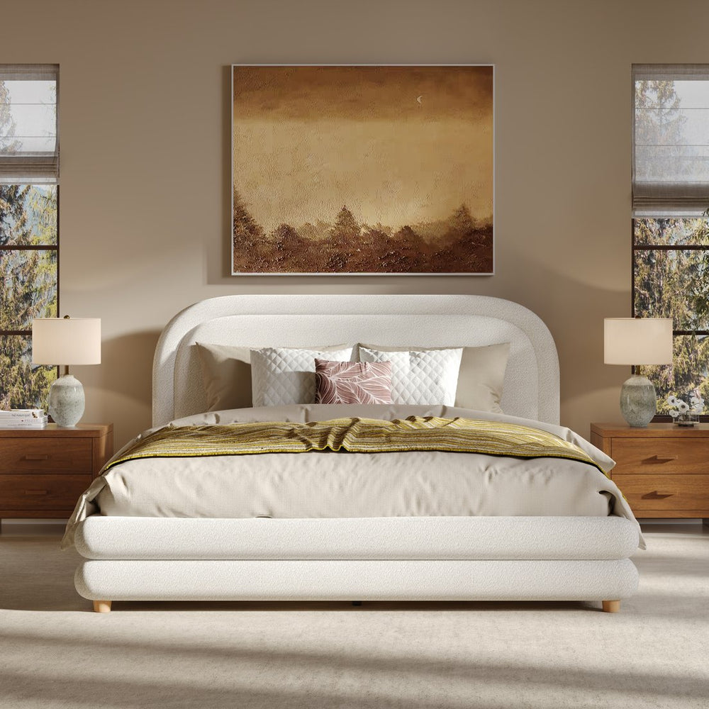 English Elm Queen Boucle Upholstered Bed Sculpted Arch Headboard Solid Wood Legs Boutique Style N757Q380929W